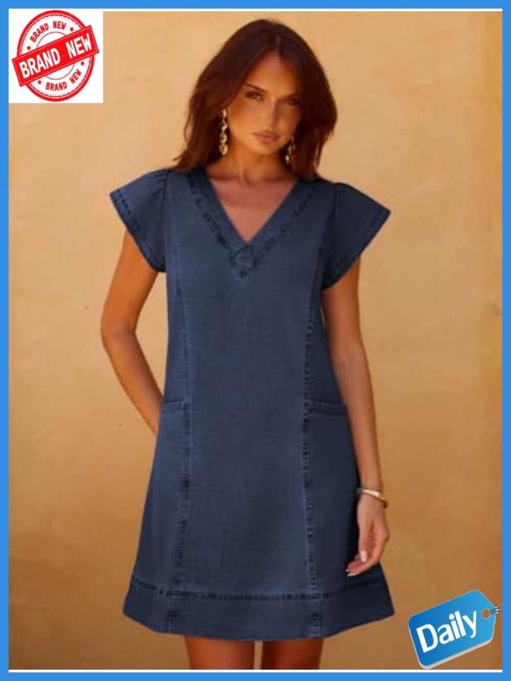 Women's Denim Mini Dress V-Neck Short Sleeve A-Line with Pockets - Picture 2 of 5